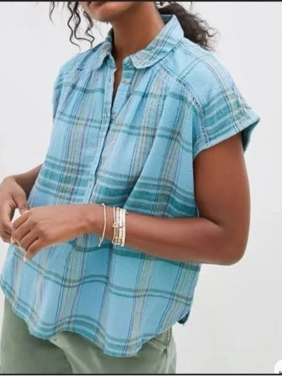 Anthropologie Pilcro The Serena Surf Henley Blouse Blue Plaid Cap Sleeve - Picture 1 of 8